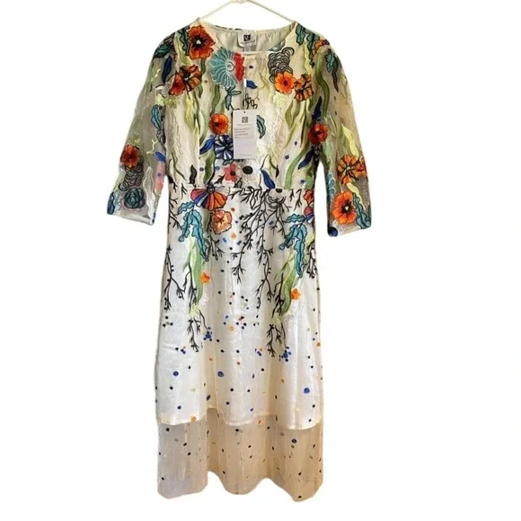 Antrophology Vicky and Lucas Floral Embroidered Midi Dress Sheer Overlay Party L - Picture 6 of 13